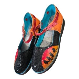 Soletech Hand-Painted Leather Bird Mary Janes size 8 Orange Blue Black